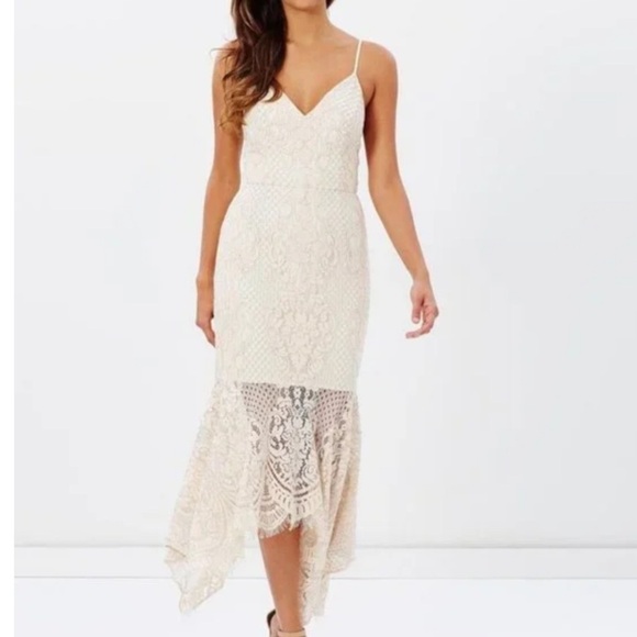 Shona Joy Cream Lace Handkerchief Hemline Midi Length Sleeveless Dress Size US8 - Picture 1 of 15